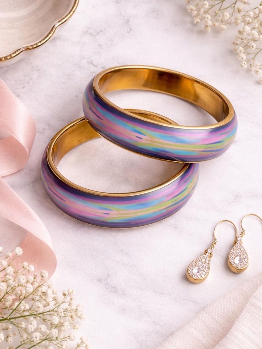 Vintage Y2K Chunky Abstract Purple Teal Gold-Tone Bangle Bracelet Set of 2